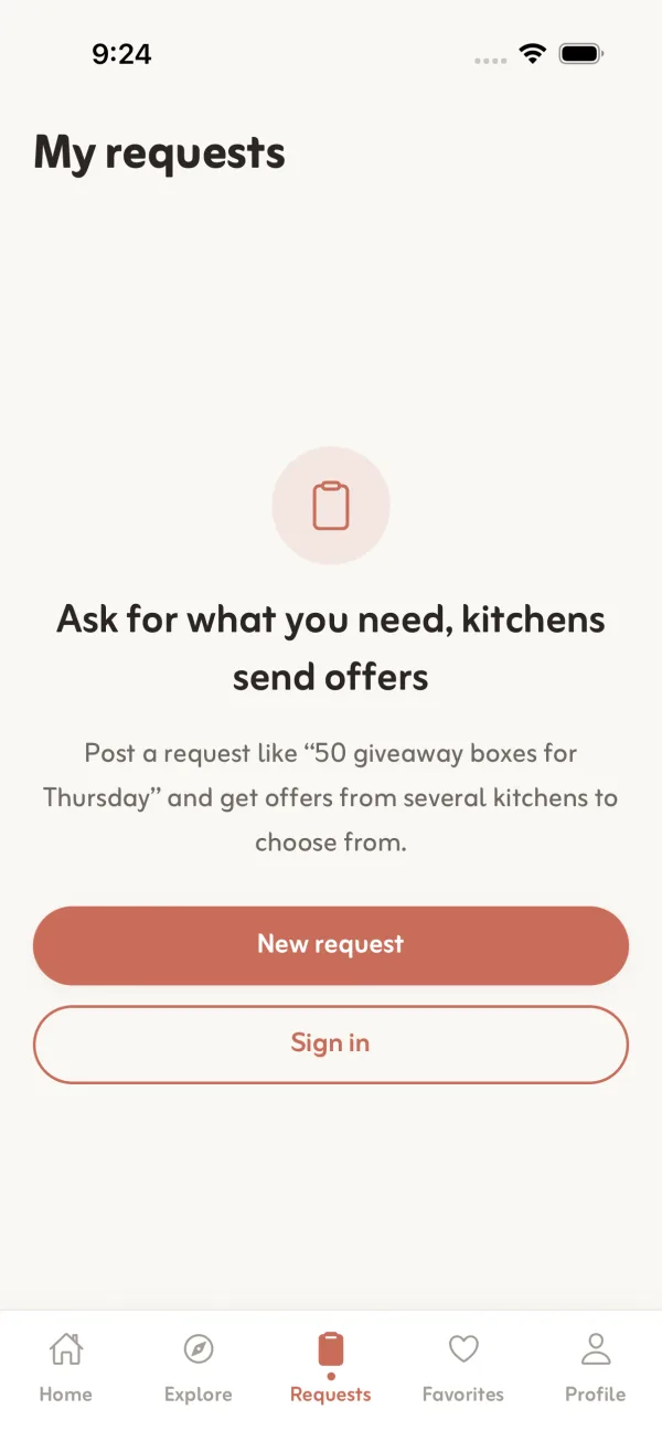 The requests screen in Zayna: ask for what you need and kitchens send offers